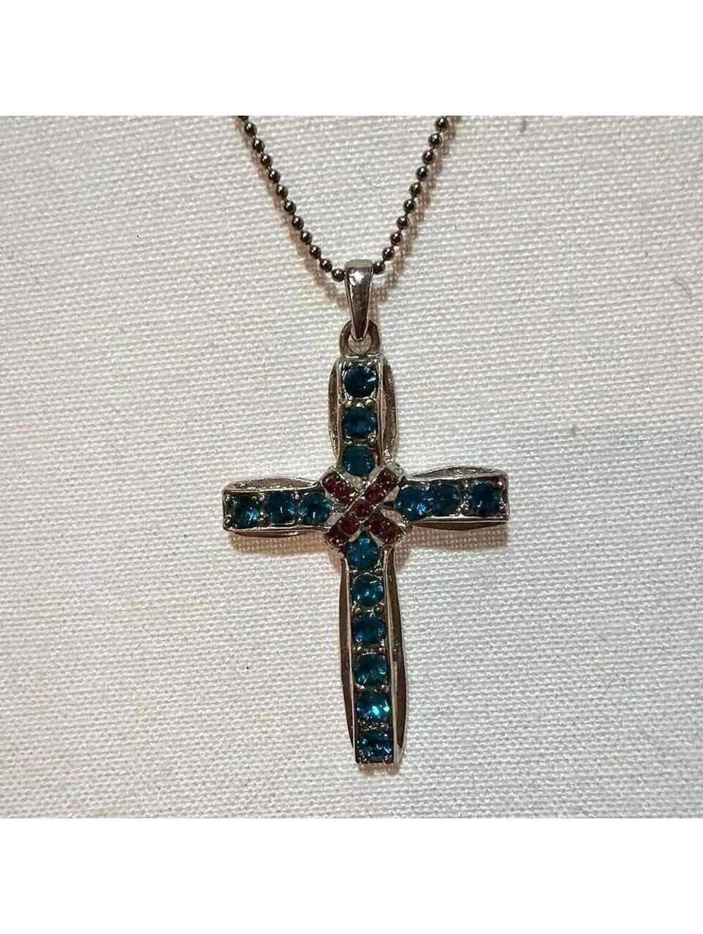 Silver-Tone Cross Necklace with Blue and Red Rhinestones